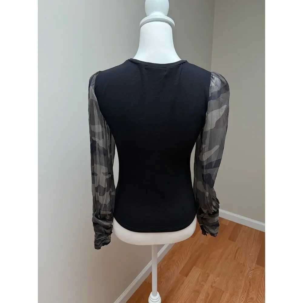 Generation Love Noelle Camo Sheer Sleeve Edgy Top Black Green Womens Size XS - Picture 5 of 9